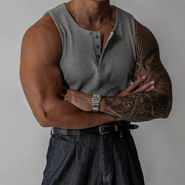 Henley Neck Buttoned Men’s Slim Fit Stretch Ribbed Tank Top