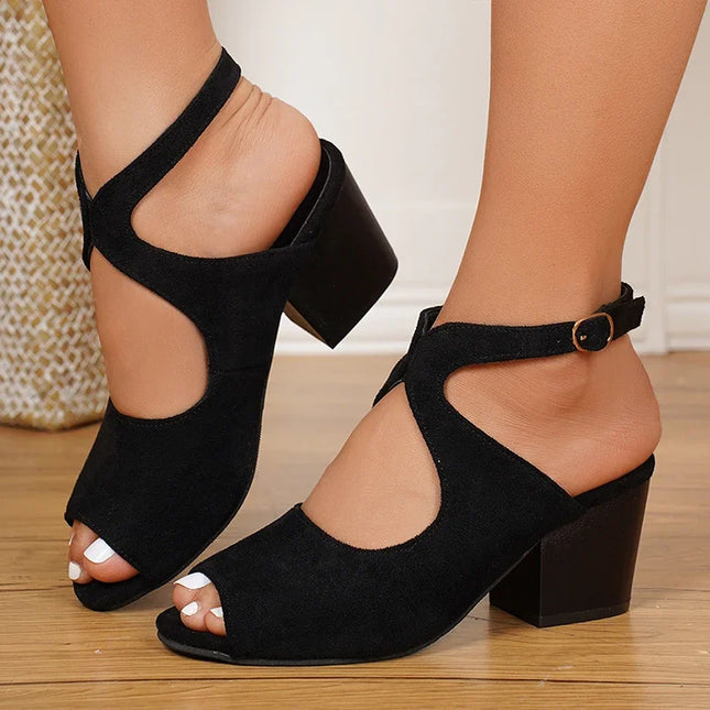Women's Ankle Wrap Flock Sandals with Cross Straps, Thick Sole, Square Heel, and Non-Slip