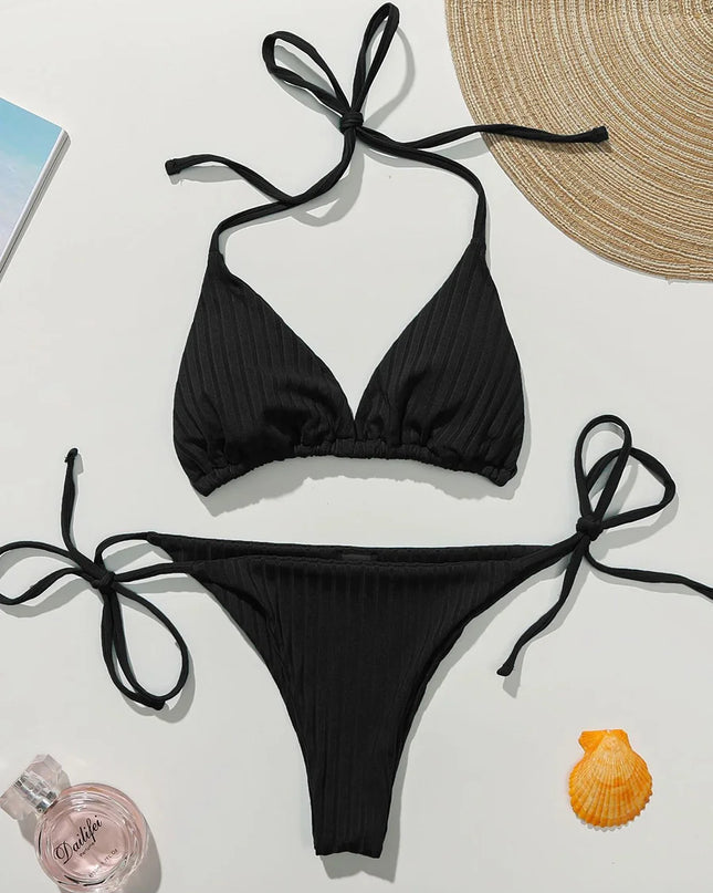 Women's Ribbed Halter Micro Thong Bikini Set - Two-Piece Swimsuit with Mini String Design