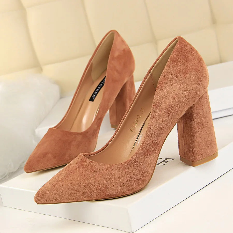 Elegant Women's Pointed Toe Flock Suede Heels