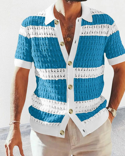 Men’s Casual Striped Knitted Button-Up Shirt with Lapel