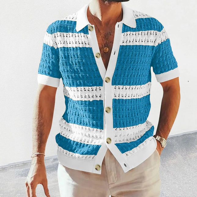 Men’s Casual Striped Knitted Button-Up Shirt with Lapel