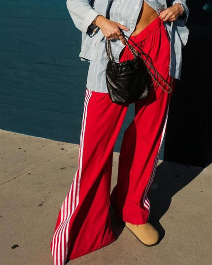 Women's Wide Leg Track Pants - Baggy Side Striped Sweatpants with Elastic Waistband