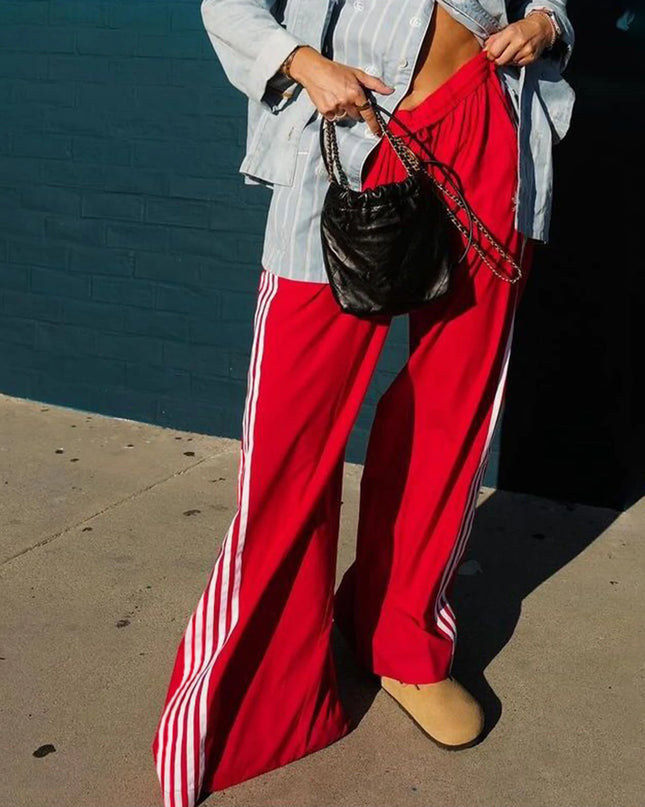 Women's Wide Leg Track Pants - Baggy Side Striped Sweatpants with Elastic Waistband