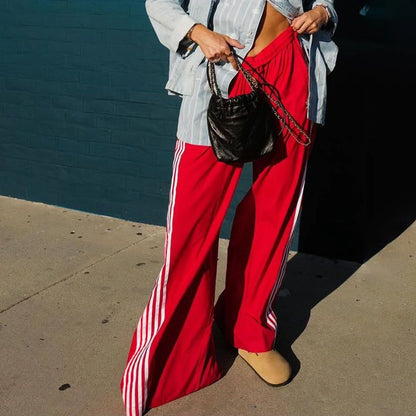 Women's Wide Leg Track Pants - Baggy Side Striped Sweatpants with Elastic Waistband