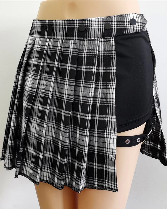 Pleated Gothic Half Skirts for Women - Asymmetrical Plaid High-Waisted