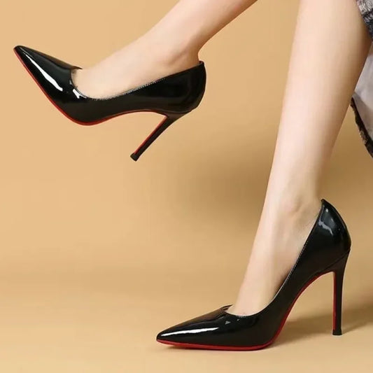 Women's Faux Leather Pointed Toe High Heels with Red Rubber Sole