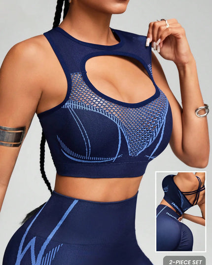 Women's High-Elastic Seamless Padded Sports Bra and Mesh Pants Two-Piece Set