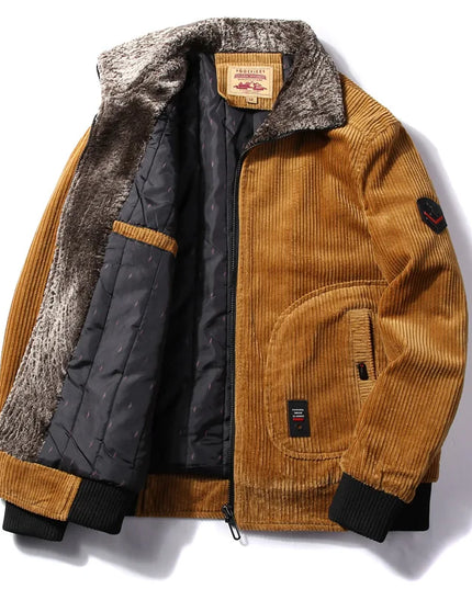 Men's Warm Corduroy Thermal Windbreaker Jacket with Faux Fur Collar