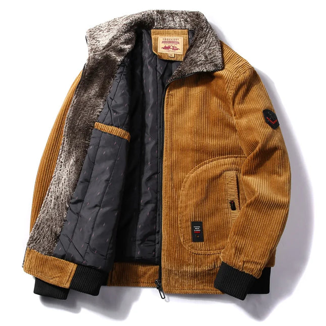 Men's Warm Corduroy Thermal Windbreaker Jacket with Faux Fur Collar