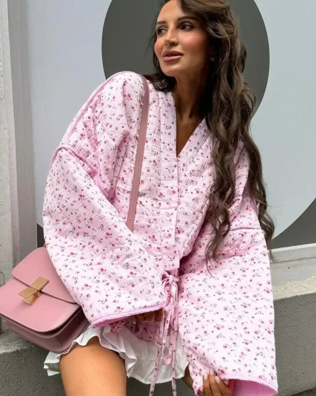 Floral Print Loose-Fit Pink Lace-Up Jacket for Women