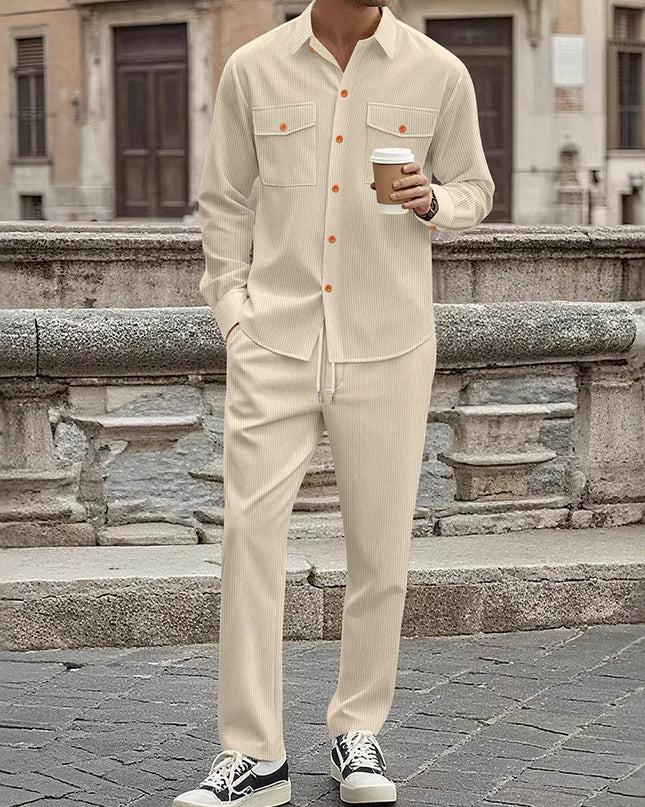 Men's Two-Piece Corduroy Casual Suit – Long-Sleeved Shirt and Long Pants Set