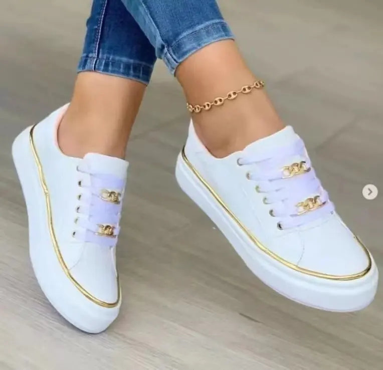 Women's Platform Low-Top Faux Leather Sneakers - Lace-Up, Non-Slip Sole