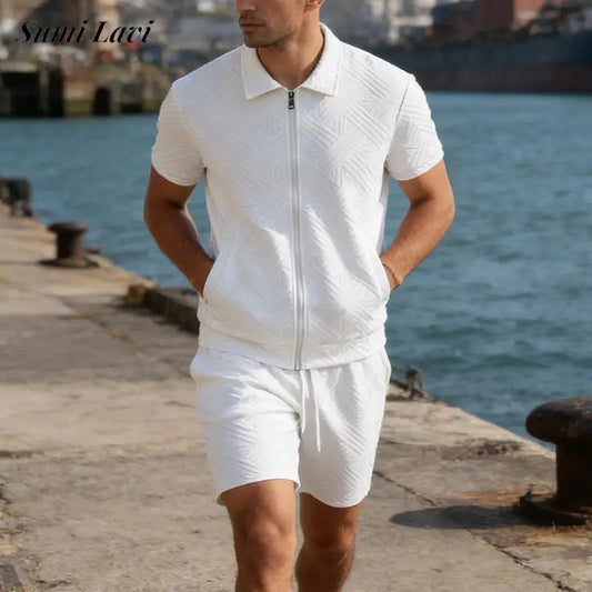 Men's Two-Piece Jacquard Short Sleeve Polo Shirt and Shorts Set