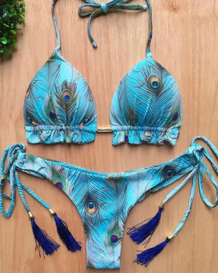 Feather Print Micro Bikini Set for Women – Stylish Bandage Swimwear