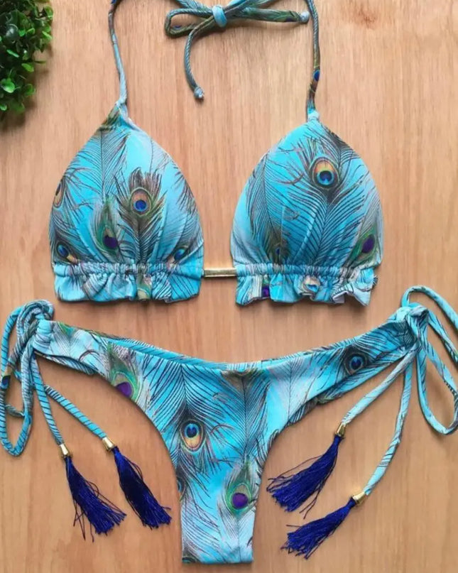 Feather Print Micro Bikini Set for Women – Stylish Bandage Swimwear
