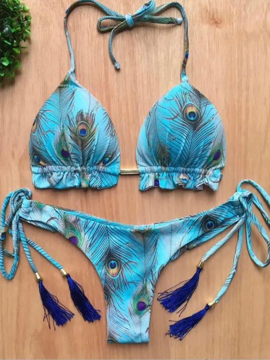 Feather Print Micro Bikini Set for Women – Stylish Bandage Swimwear