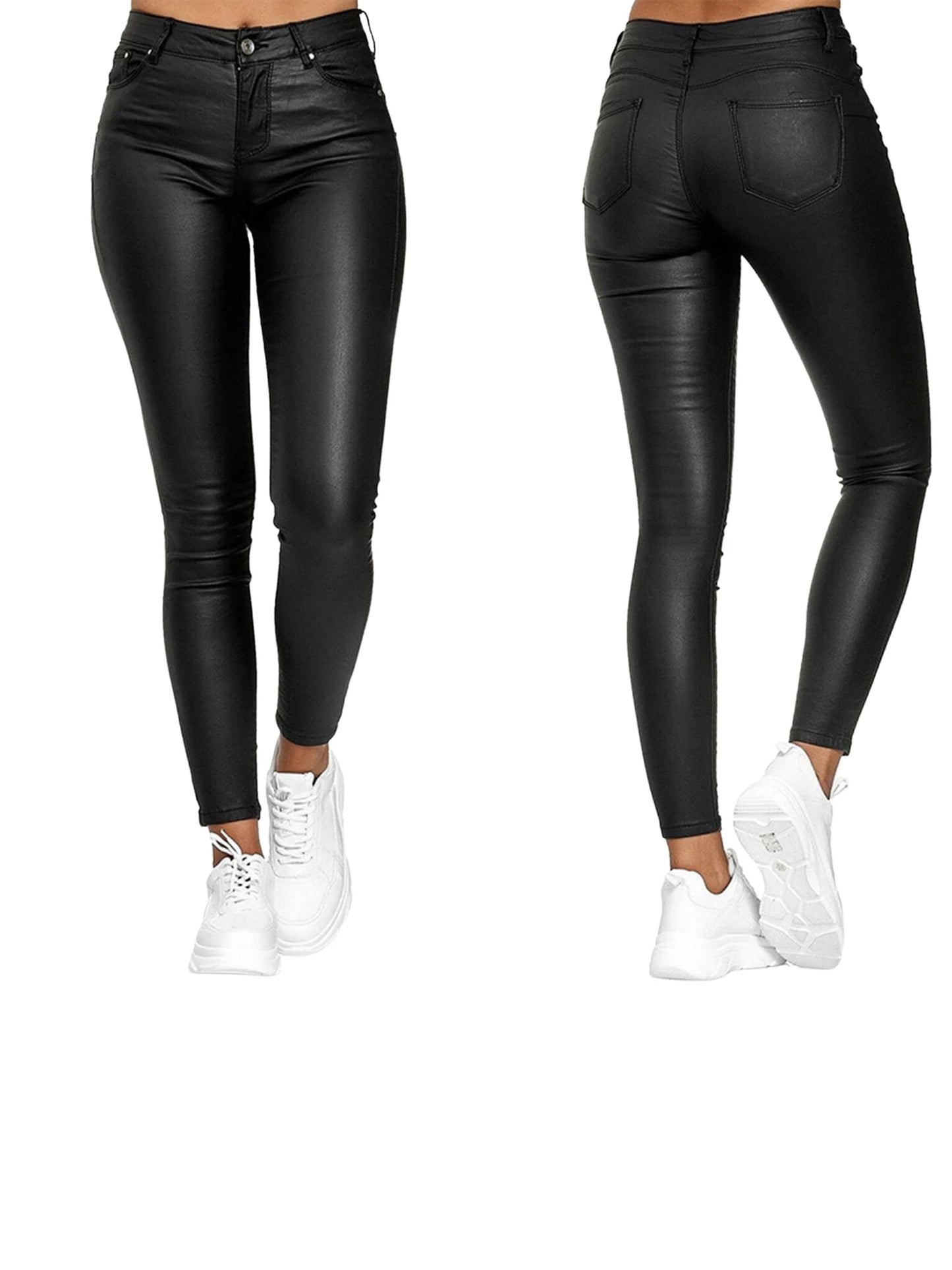 Women's  Faux Leather Skinny pants - High Waist Push-Up Design with Pockets