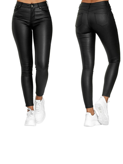 Women's  Faux Leather Skinny pants - High Waist Push-Up Design with Pockets
