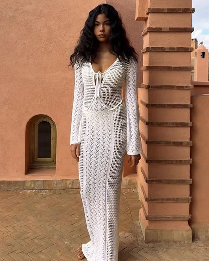 Women's Knit Swimsuit Cover-Up with V-Neck & Hollow-Out Design – Long Sleeve Beach Maxi Dress