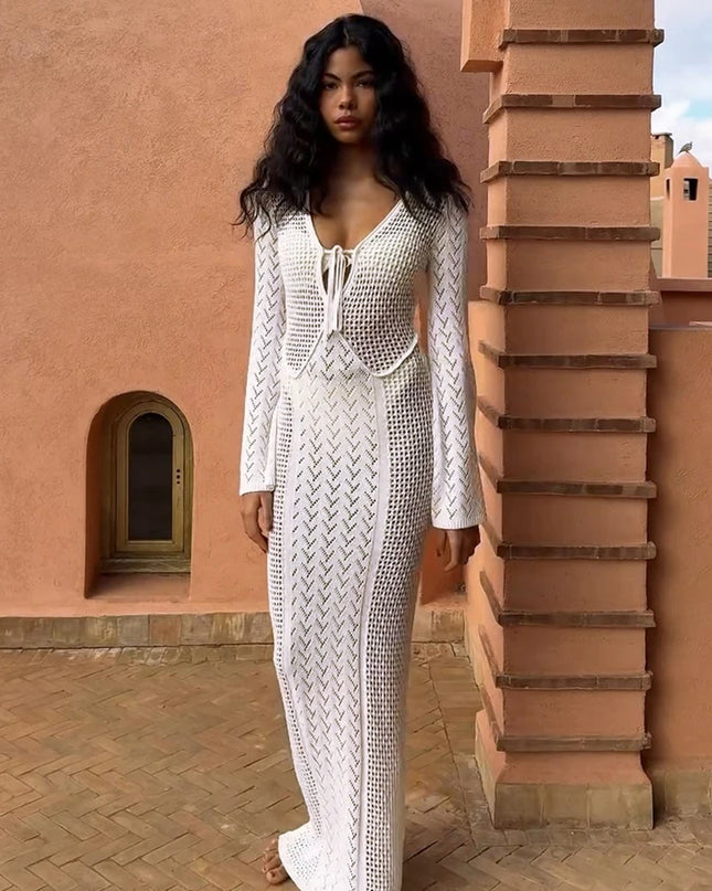 Women's Knit Swimsuit Cover-Up with V-Neck & Hollow-Out Design – Long Sleeve Beach Maxi Dress