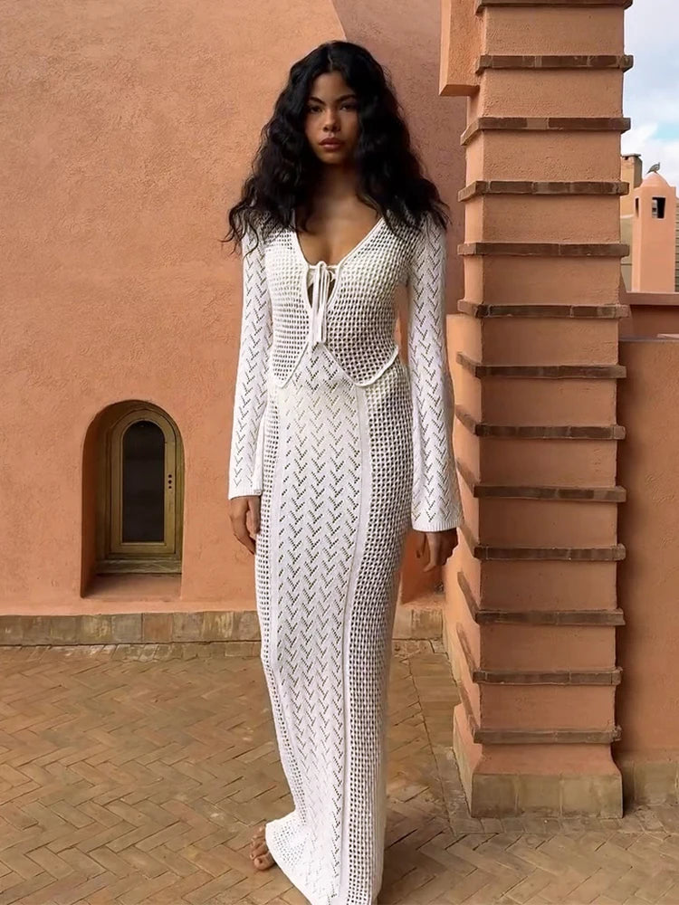 Women's Knit Swimsuit Cover-Up with V-Neck & Hollow-Out Design – Long Sleeve Beach Maxi Dress
