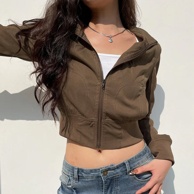 Vintage Jacket for Women – Slim Fit, Stand Collar, Zip-Up Design with Pockets