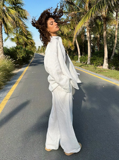 Women's Cotton 2-Piece Shirt and Pants Set with Drawstring