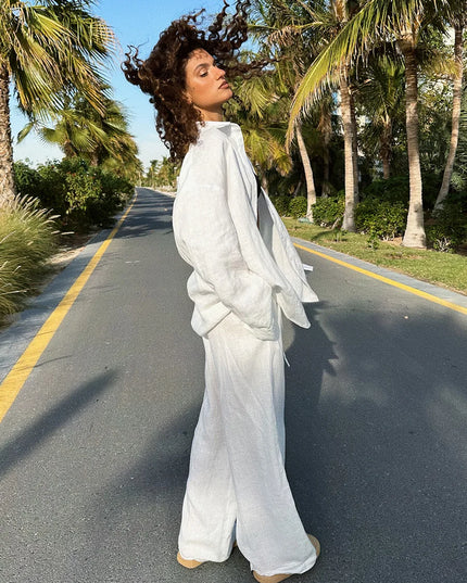 Women's Cotton 2-Piece Shirt and Pants Set with Drawstring
