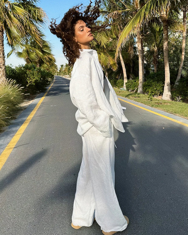 Women's Cotton 2-Piece Shirt and Pants Set with Drawstring