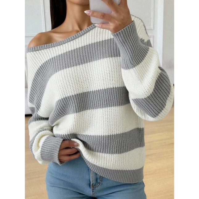 Women's Striped Knitted Sweater with Round Neck
