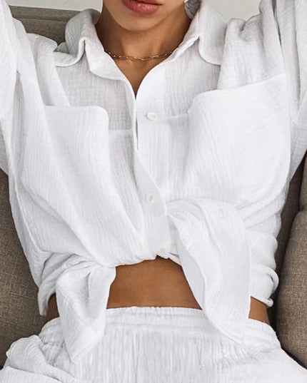 Women's Cotton Two-Piece Long Sleeve Loose Shirt and Pants Set