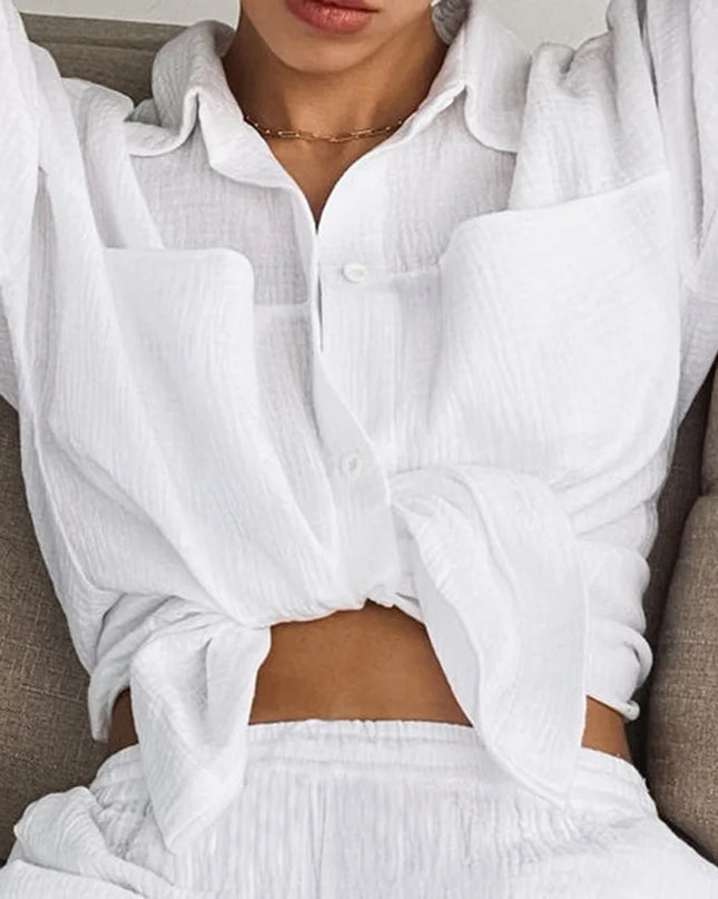 Women's Cotton Two-Piece Long Sleeve Loose Shirt and Pants Set