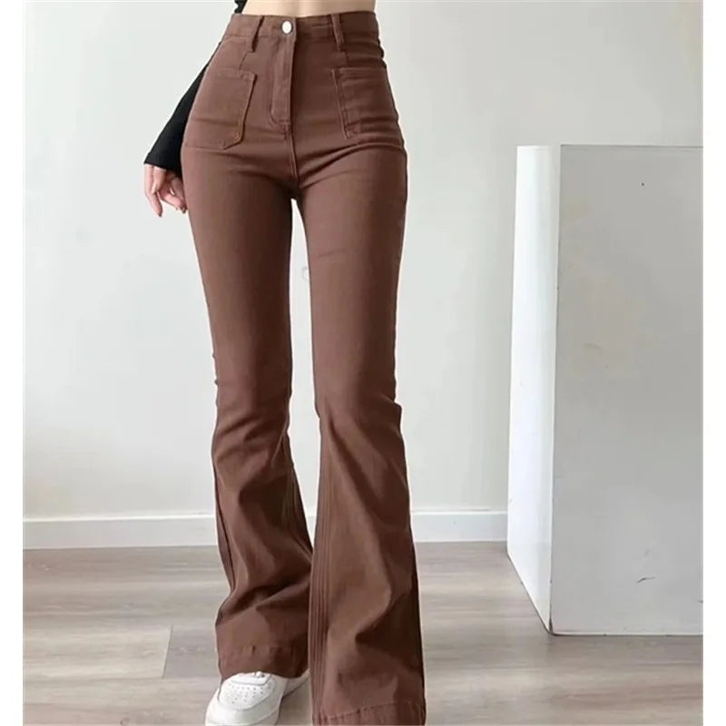 Women Flared Jeans Loose Denim Pants  - Straight High Waist Design