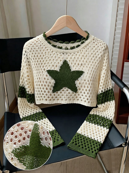 Women's Star Hollow-Out Knitted Crop Top Sweater