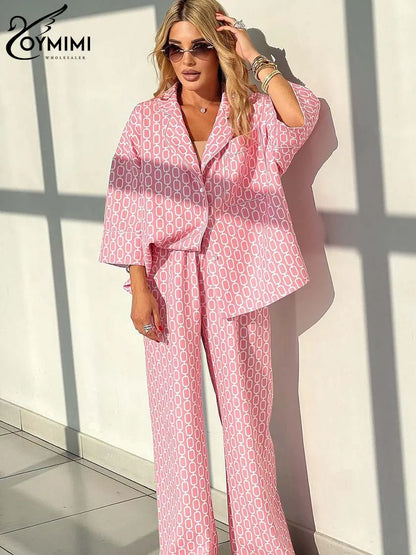 Oymimi Women's Pink 2-Piece Set: Loose Fit Three-Quarter Sleeve Shirt & Straight Trousers