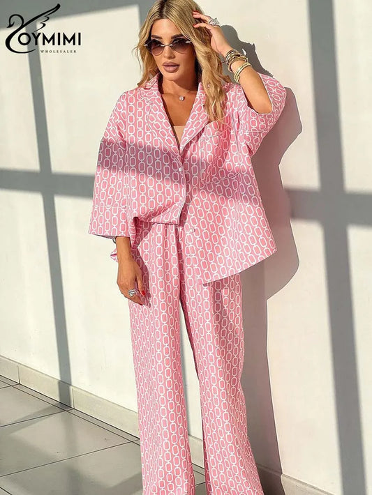 Oymimi Women's Pink 2-Piece Set: Loose Fit Three-Quarter Sleeve Shirt & Straight Trousers