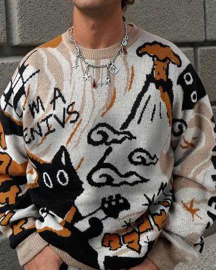 Person wearing a patterned sweater with a cat design and text in front of a brick wall.