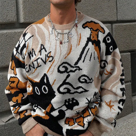 Person wearing a patterned sweater with a cat design and text in front of a brick wall.