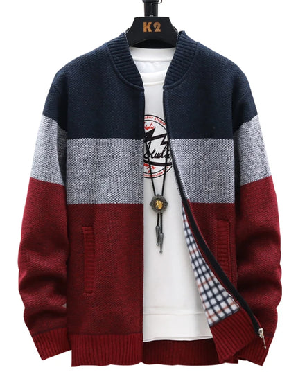 Men's Casual Striped Fleece Zip-Up Cardigan