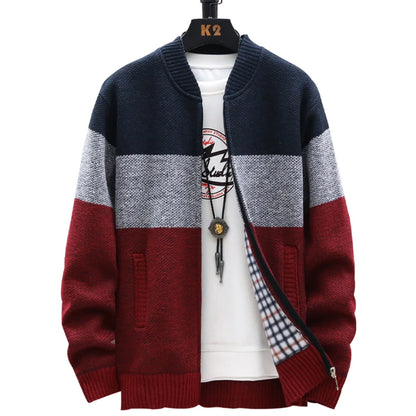 Men's Casual Striped Fleece Zip-Up Cardigan