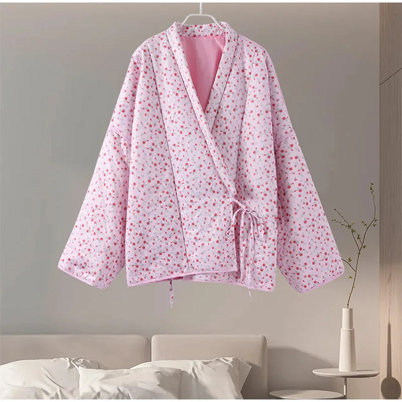 Floral Print Loose-Fit Pink Lace-Up Jacket for Women