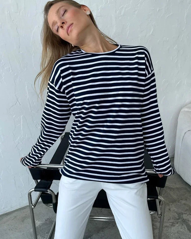 Women's Knitted Stripe Sweater - Loose Fit, Long Sleeve - Various Colors