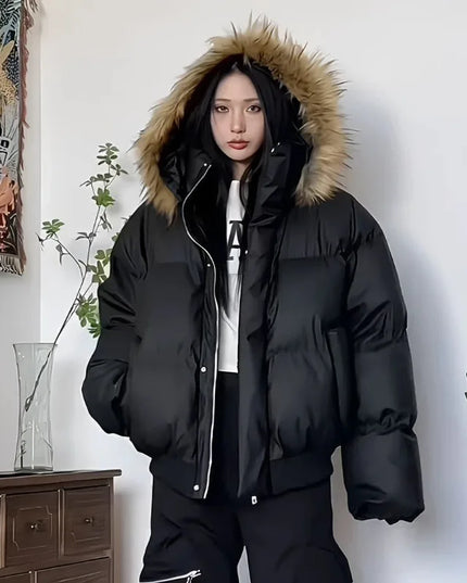 Women's Cotton-Padded Jacket with Faux Fur Collar and Hood