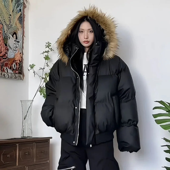Women's Cotton-Padded Jacket with Faux Fur Collar and Hood