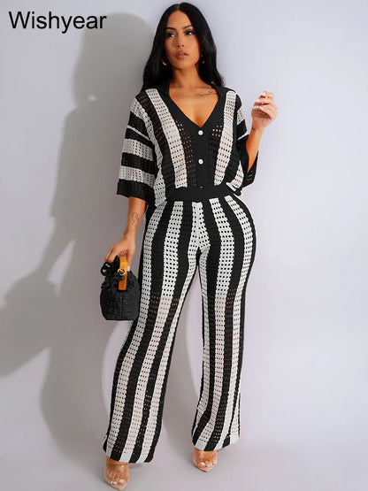 Wishyear Women's Two-Piece Striped Knit V-Neck Hollow Out Button Top & Wide Leg Pants Set