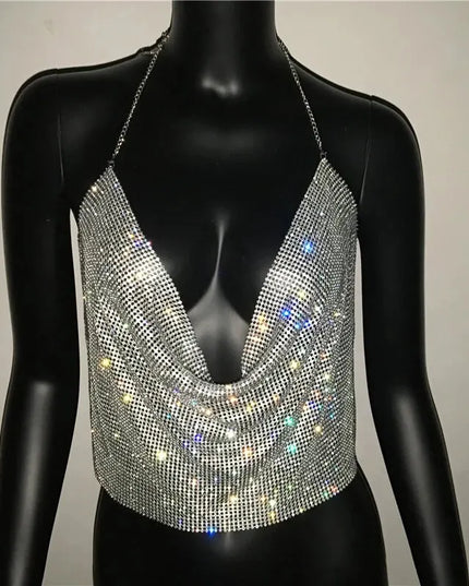 Glittering Backless Crop Top with Rhinestone V-Neck Design For Women