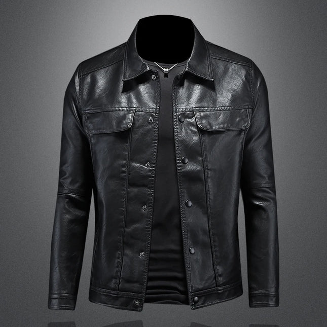 Men's Slim Fit Faux Leather Lapel Jacket - Stylish & Trendy Outerwear