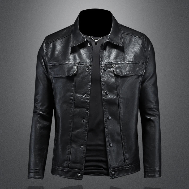 Men's Slim Fit Faux Leather Lapel Jacket - Stylish & Trendy Outerwear