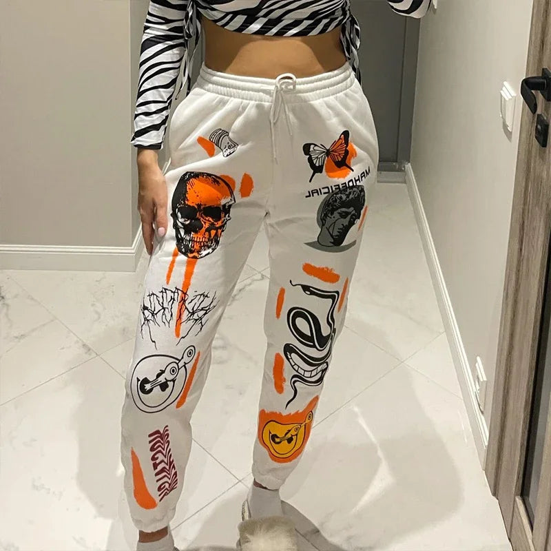 Women's High-Waist Sweatpants with Harajuku Cartoon Design